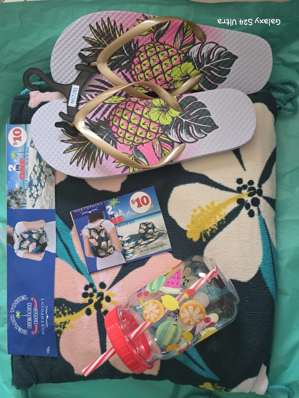 3 Piece Beach/ Pool Set: Towel Bag, Cup, & Flip Flops Sz 7/8 NEW